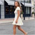 Women Solid Polka Dot Mini Dress Deep V Neck Puff Sleeve Pleated Front Button A-line Short Dresses Elegant Party 2026 Lady Gown
