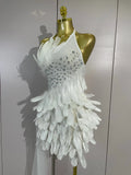 Luxury Rhinestone Sexy Halter Feather White Mini Dress Celebrate Evening Party Birthday Dress Stage Performance Dance Costume