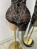 Sparkly Rhinestone Shining Women Sexy Bodycon See Through Irregular Hem Mini Dress Birthday Party Performance Costume