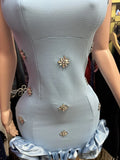 Available In Multiple Colors With Halter Straps, Rhinestones, Floral Trims, Tight Waist-Cinching Mini Skirt, And a Figure-Hug