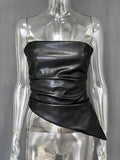 PU Leather Sexy Tube Top Pleated Waist Vest Women's Spring Fashion Solid High Street Zipper Irregular T Shirt Sleeveless