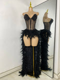 Women Sexy Straplss Crystals Diamonds Feather Luxury Party Dress Designer Mesh Transparent Performance Stage Outfit