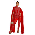 Shawl Sleeve Mesh Crystal Jumpsuit Women's Jumpsuit Luxury Transparent Sequins Party Jumpsuit Birthday Set Prom Dresses