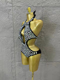 Gold Luxurious Black Bodysuit Women Sexy Halter Neck Iridescent Crystal Embellished Cutout Outfit Stage Performance Costume