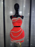 Black Red Color Women Sexy Strap Shining Sequins 2 Pieces Bodycon Mini Bandage Dress Nightclub Party Celebrate Cocktail Outfit