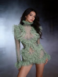 Women Eveing Party Birthday Dance Nightclub Stage Wear Sexy Sparkly Rhinestone Ruffled Long Sleeves Mesh See Through Mini Dress