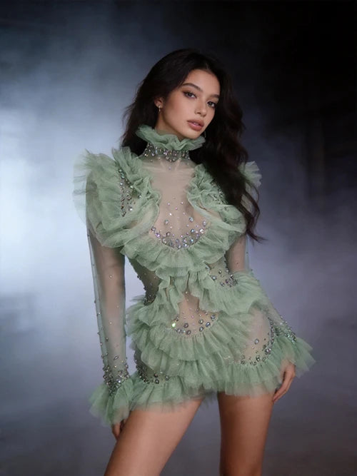 Women Eveing Party Birthday Dance Nightclub Stage Wear Sexy Sparkly Rhinestone Ruffled Long Sleeves Mesh See Through Mini Dress