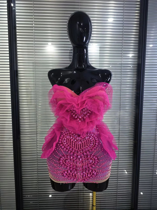 Rosered Color Women Sexy Off the Shoulder Shining Rhinestones Laced-up Bodycon Mini Dress Celebrate Nightclub Party Stage Wear