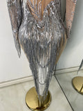 Women Sparkly Crystal Pearl Tassels Sexy Sheer See Through Bodycon Mini Silver Outfit Birthday Dress Dancer Performance Costume