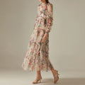 Patchworl Edible Tree Fungus Floral Dresses For Women Round Neck Long Sleeve High Waist Temperament Folds Mesh Dress Female