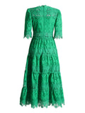 Wedding Guest Green Lace High Neck Midi Dress for Half Sleeve Women Cutout Texture Tiered Hem Flowy Skirt for Afternoon Tea