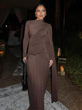 Irregular Brown Lace Uppleated Maxi Dresses Elegant Women's Full Sleeve Slim Fit Patchwork Robes 2025 New Evening Party Gowns