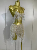 Luxury Diamond Beading Mesh Strap Top Skirt Two Pieces Set Women Evening Prom Birthday Celebrate Sexy Nightclub DJ Stage Costume