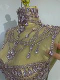 Women Sparkly Rhinestone Eveing Birthday Party Nightclub Bar Stage Costume Sexy Sleeveless Mesh Ruffled See Through Long Dress