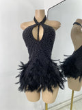 Women Sexy Halter Beading Feather Tight Bodysuit Nightclub Performance Leotard Luxury Party Celebrate Stage Wear