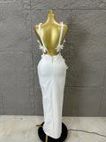 2026 Glamorous White 3D Floral Maxi Dress Women Sexy V-Neck Sheer Cutout Waist Bodycon Outfit Evening Gala Party Costume