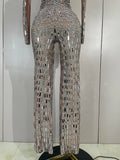 Sexy Perform Costume Sparkly Rhinestones Sequins Long Sleeves Print Jumpsuit Women Evening Party Birthday Nightclub Stage Wear