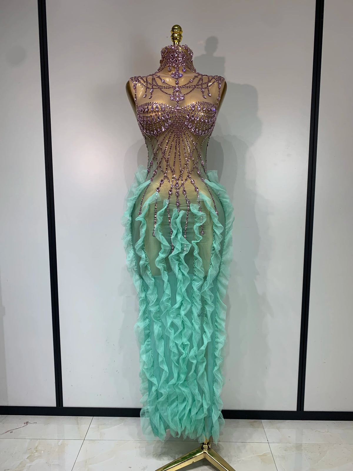 Sparkly Rhinestone Sleeveless Mesh Ruffled See Through Long Dress Sexy Evening Birthday Party Nightclub Bar Singer Stage Costume