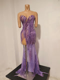 Sexy Sparkly Purple Diamond Tassel Strapless Mesh See Through Long Dress Birthday Evening Party Nightclub Bar DJ Show Stage Wear