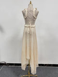 Solid Slimming Spliced Hollow Out Dresses for Women V Neck Sleeveless Patchwork Folds Dress Female Clothing Style