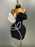 Luxury Celebrity Evening Club Elegant Party Gowns Women New Sexy Off Shoulder White 3D Flower Black Mini Bodycon Bandage Dress
