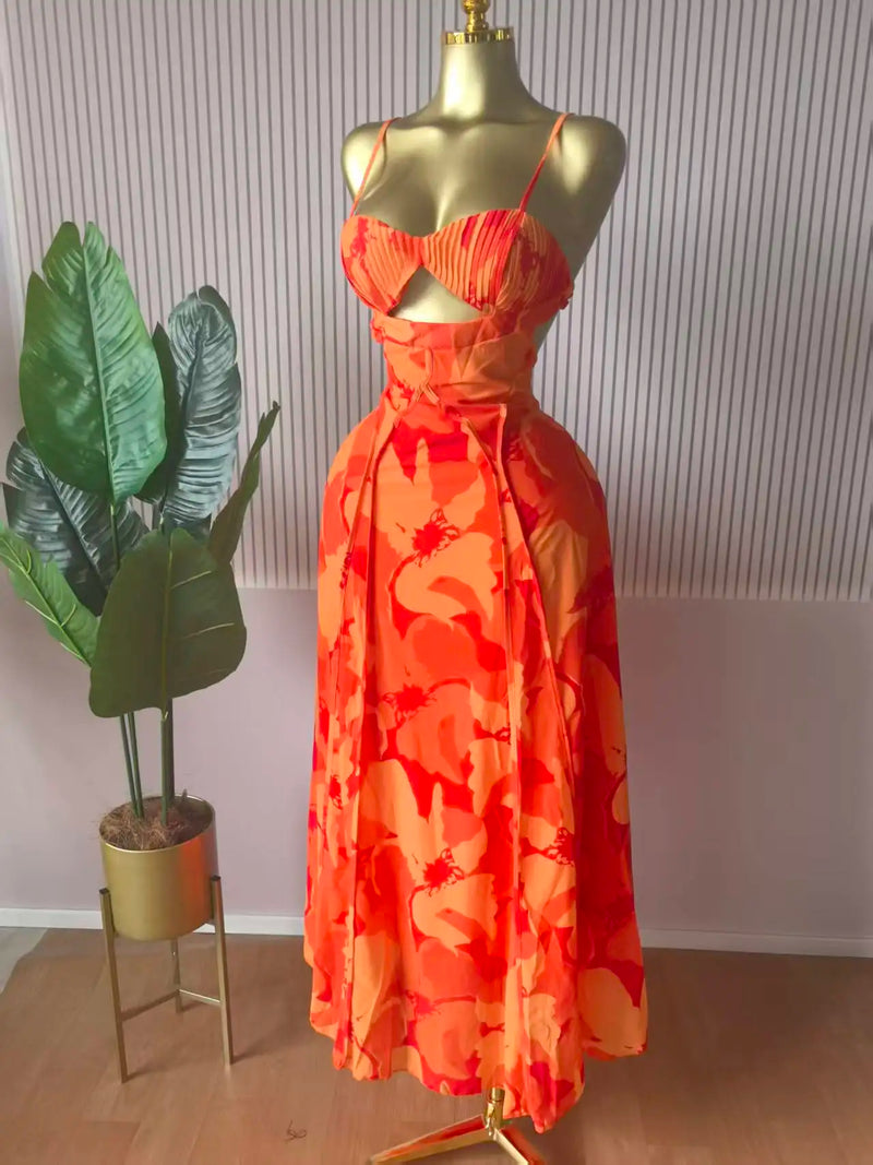 Women Floral Printed Strap Backless Bra Front Big Swing Maxi Long Dress 2025 Vintage Sexy Club Party Evening Dresses