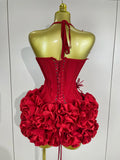 Fashion Cocktail Elegant Luxury Birthday Party Red Black Bandage Outfit Women Sexy Halter Prom Gown Celebrity Club Two Piece Set