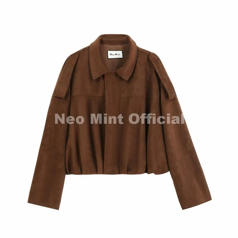Fashion Olive Green Suede Bomber Jacket Coat Women High Street Girls Cropped Jackets Biker Outerwears