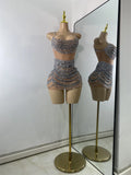 Sparkly Crystals Diamonds Mesh See Through Mini Dress Luxury Women Sexy Sleeveless Perforamnce Dance Costume Night Club Wear