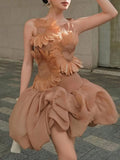 Fashion Orange 3D Floral Appliquet Mini Dress for Women Sleeveless O Neck Slim Sheer Tulle Puffed Skirt for Themed Parties