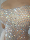 Women Birthday Evening Celebrate Party Nightclub Stage Wear Sexy Sparkly Diamonds Tassel Strapless Mesh See Through Long Dress