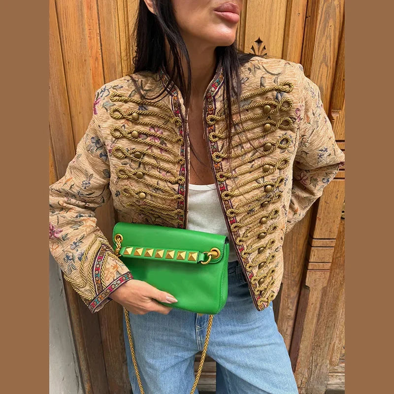 Fashion Printed Embroidery Women's Jacket Knot Button  Long Sleeves Loose Coat Chic 2026 Spring Autumn New High Street Lady Wear