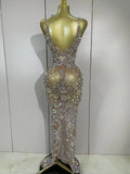 Lxury Sparkly Diamond Mesh See Through Long Dress Women Elegant Celebrate Birthday Evening Party Fancy Club Singer Stage Costume