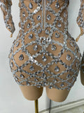 Luxury Women Sexy Sparkly Sequins Halter with Sleeves Mesh Mini Bodycon Nightclub Birthday Dress Party Performance Costume