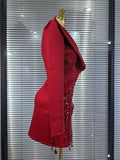 Handmake Women Long Sleeve Golden Beading Deep V-Neck Bodycon Mini Dress Celebrate Birthday Photo Shoot Performance Costume
