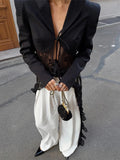 Jacquard Patchwork Long Coat Women Autumn Trend Elegant Irregular Hem Full Sleeve Bandages Dell V-Neck Chic Streewear