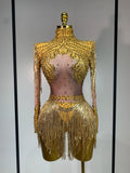 Women Long Sleeve Sexy Stretch Bodycon Shinning Tassels Rhinestones Bodysuit Celebrate Birthday Club Evening Party Stage Outfit