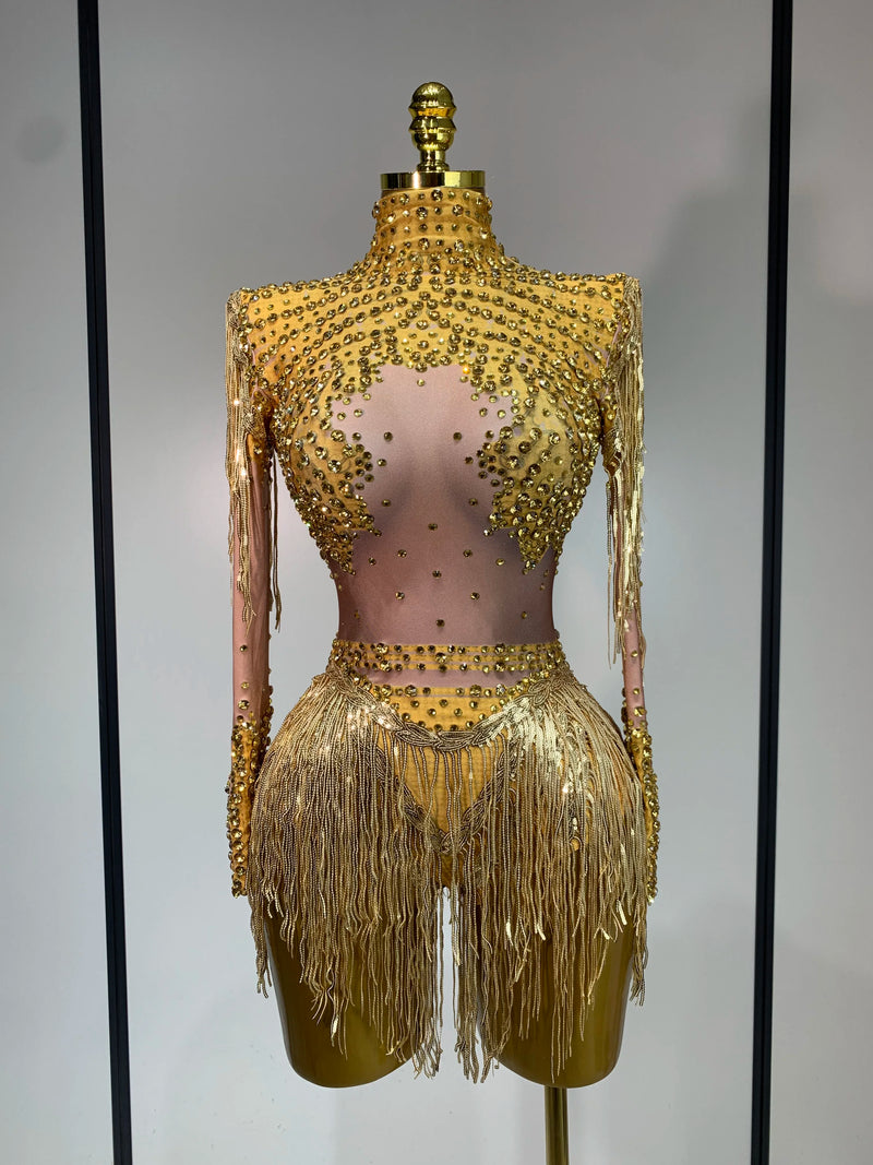Women Long Sleeve Sexy Shinning Tassels Rhinestone Bodycon Bodysuit High Stretch Bar Dancer Nightclub Stage Wear Birthday Outfit