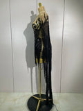 Sexy Black Rhinestones Sequins Tassel With Cape Mesh Transparent Dress Women Evening Birthday Party Nightclub Dance Stage Outfit