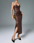 Sexy Leather Red Long Dress Women's Luxury Off Shoulder Corset Bandage Dresses Evening Party Burgundy Wedding Guest Brown Black