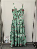 Boho Garden Parties Floral Print Maxi Sundress for Square Collar Sleeveless High Waist Slim Tiered Skirts for Casual Outings