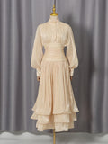 Luxury Afternoon Tea High Neck Pleated Maxi Dress for Women Puff Sleeve Ruched Waist Tiered Flared Skirt for Wedding Guest