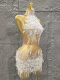 Sexy Mesh See Through Pearl Lace Party Mini Dress Celebrate Birthday Photo Shoot Wear Performance Stage Costume