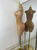 Sparkly Rhinestone Shining Women Sexy Bodycon See Through Irregular Hem Mini Dress Birthday Party Performance Costume