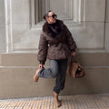 Women Short Belted Puffer Jacket Large Faux Fox Fur Collar Waist Tie Puff Sleeve Thick Warm Coat Winter Elegant 2026 Streetwear
