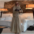 Camel Lapel Collar Coat Women Maxi Brushed Fuzzy Wool Self Tie Belt Waist Cinched Jacket Oversized Chic Autumn Winter Outerwear