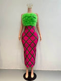 Fashion Strapless Green Feathers Bodycon Bandage Maxi Dress Off Shoulder Green Stripes  Evening Club Party Cocktail Birthday