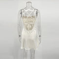 Elegant Satin Lace Long Dresses Women's Slip Backless Bandage High Slit Prom Maxi Dress Evening Party Night Out White Black