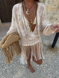 Beige Embroidered Long Tunic Top V Neck Long Sleeve Lace Fringe Hem Boho Blouse 2026 Summer Beach Vacation Cover‑up Streetwear