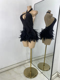 Women Sexy Halter Beading Feather Tight Bodysuit Nightclub Performance Leotard Luxury Party Celebrate Stage Wear